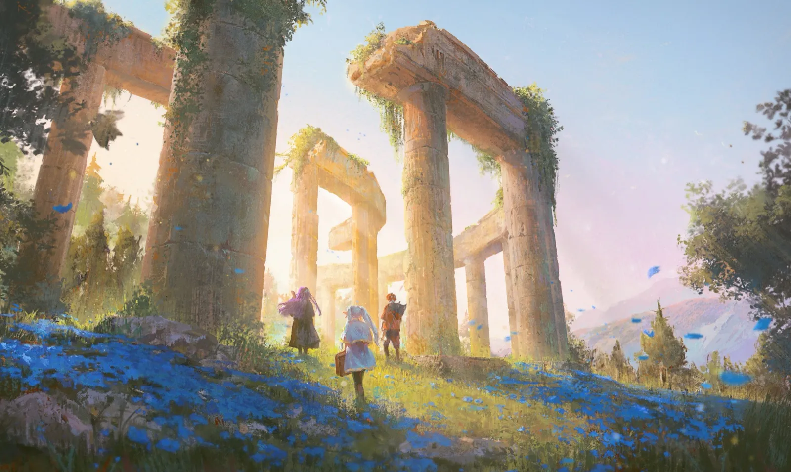 三位旅人在阳光下的古代遗迹中前行