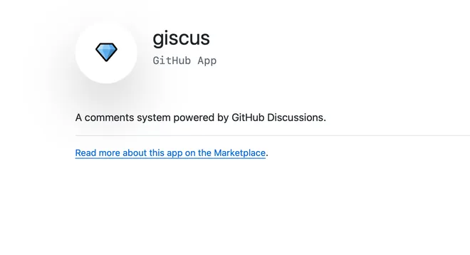 Giscus GitHub App 介绍页：蓝色菱形图标，以及基于 GitHub Discussions 的评论系统说明