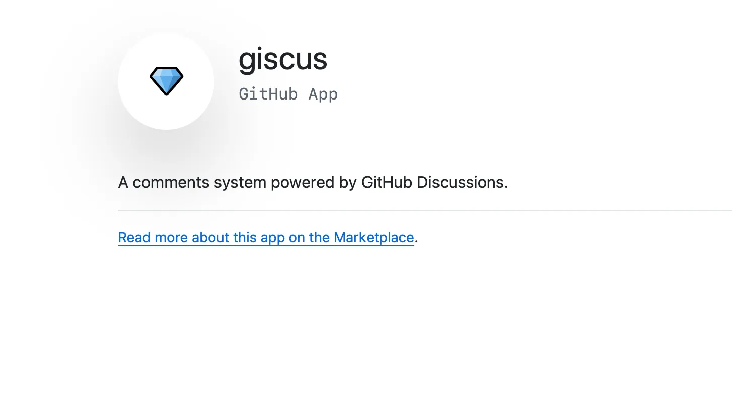 Giscus GitHub App 介绍页：蓝色菱形图标，以及基于 GitHub Discussions 的评论系统说明