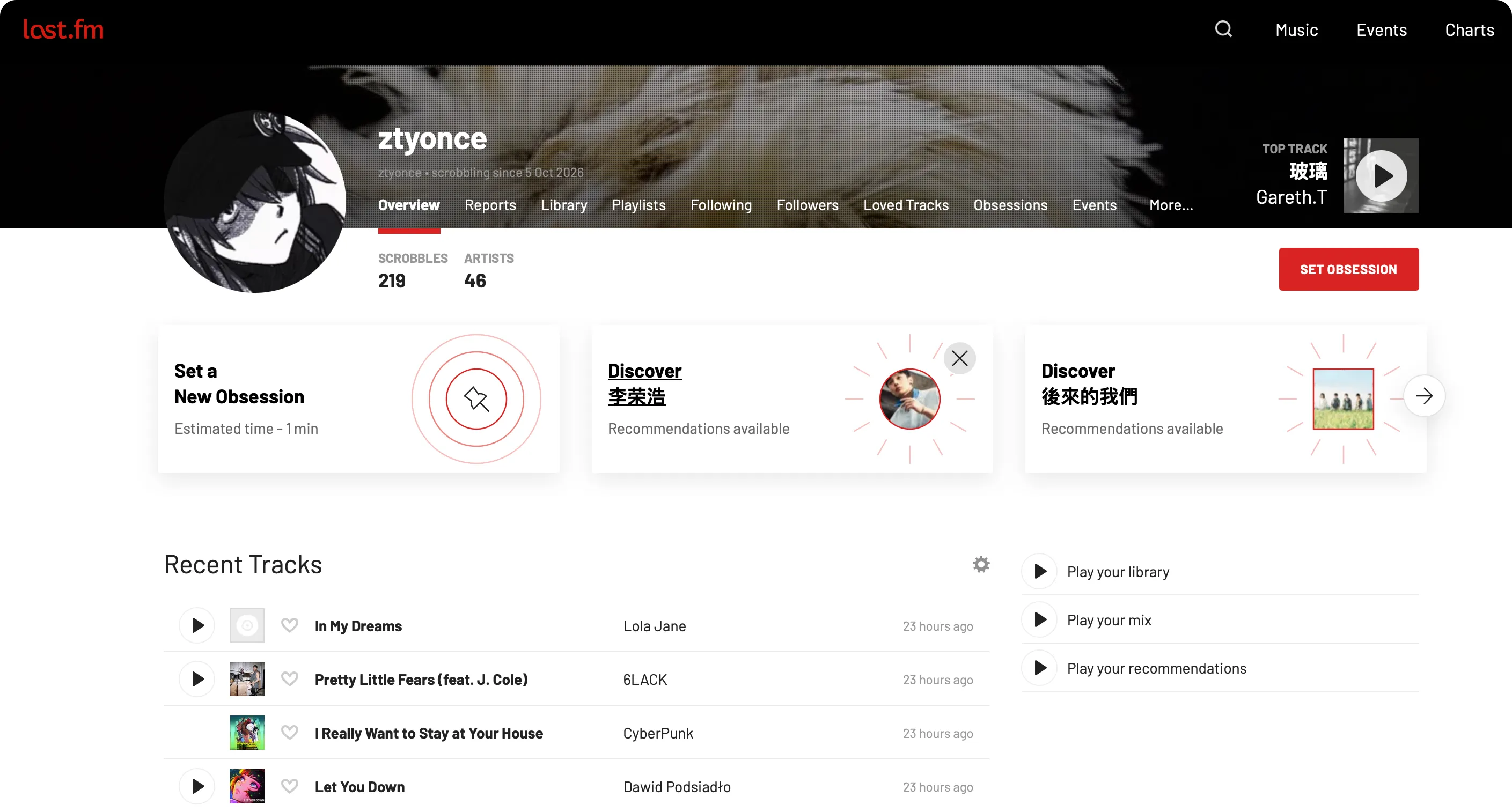 Last.fm 个人主页截图：累计 219 次记录、46 位歌手，最常听歌曲是 Gareth.T 的《玻璃》，下方是最近的播放列表